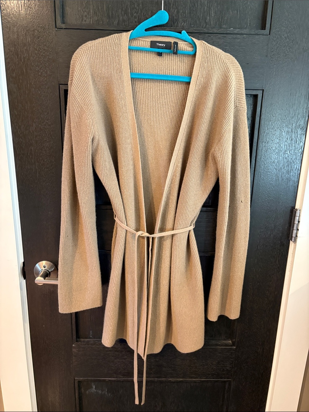 Theory cashmere tie front cardigan sweater medium taupe